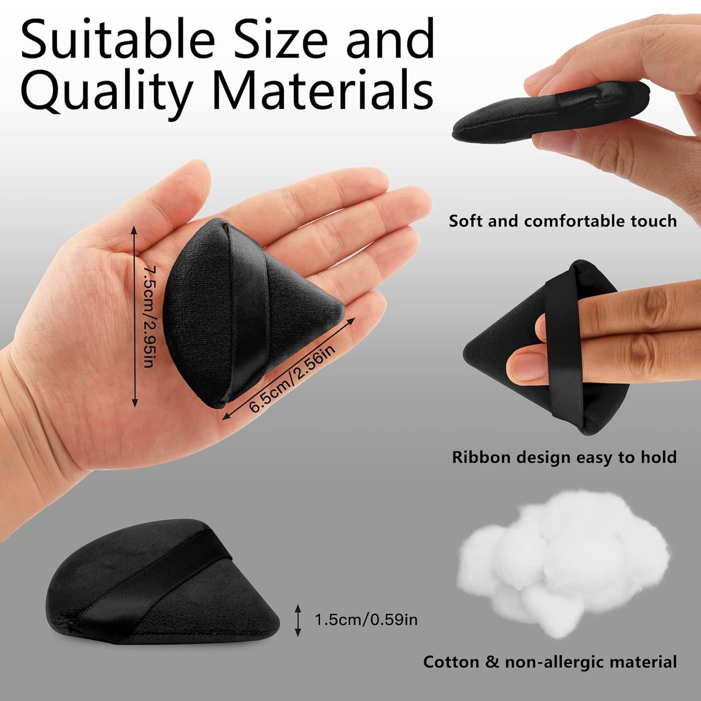 2 Pcs Triangle Powder Puff for Face Powder, Soft Plush Setting Powder Puff, Velour Cosmetic Foundation Blender Sponge Beauty Makeup Tools (Black)